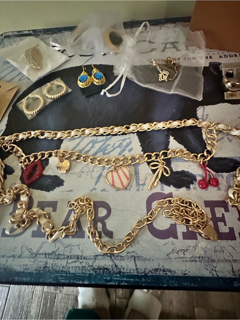 Betsey Johnson Charm Chain Belt, necklace and eight pair earrings. All New